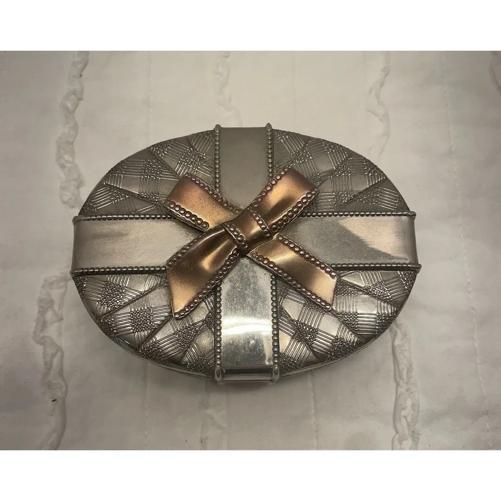 Godinger Silver Art Co. Silver-plated Lined Oval Jewelry Trinket Box Gold Bow